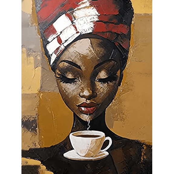African American Woman Coffee Canvas Wall Art，Suitable for Living Room， Bedroom， Kitchen， Office， Bathroom Decoration