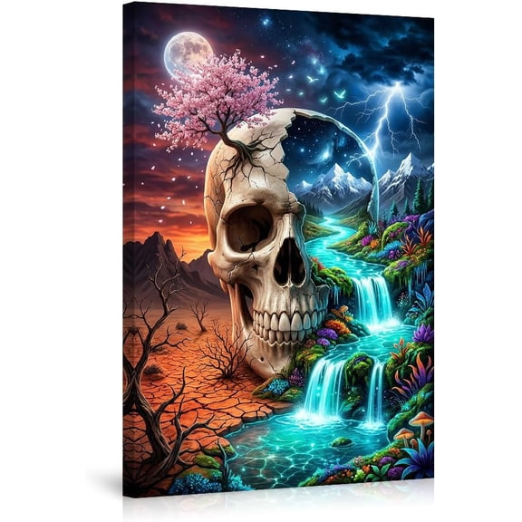 Surreal Skull Canvas Wall Art Poster, Fantasy Nature Landscape Artwork with Cherry Blossom & Waterfall, Vibrant Colorful Prints for Living Room Bedroom Home Decor