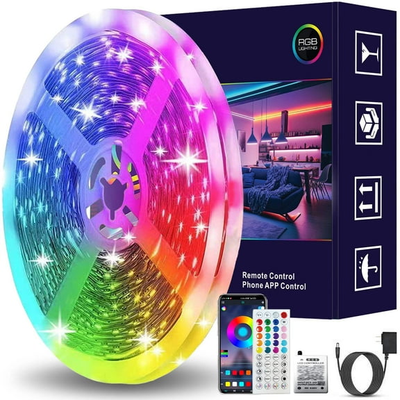 RGB LED Strip Lights 50ft - Remote  App Control, Music Sync, Waterproof, DIY