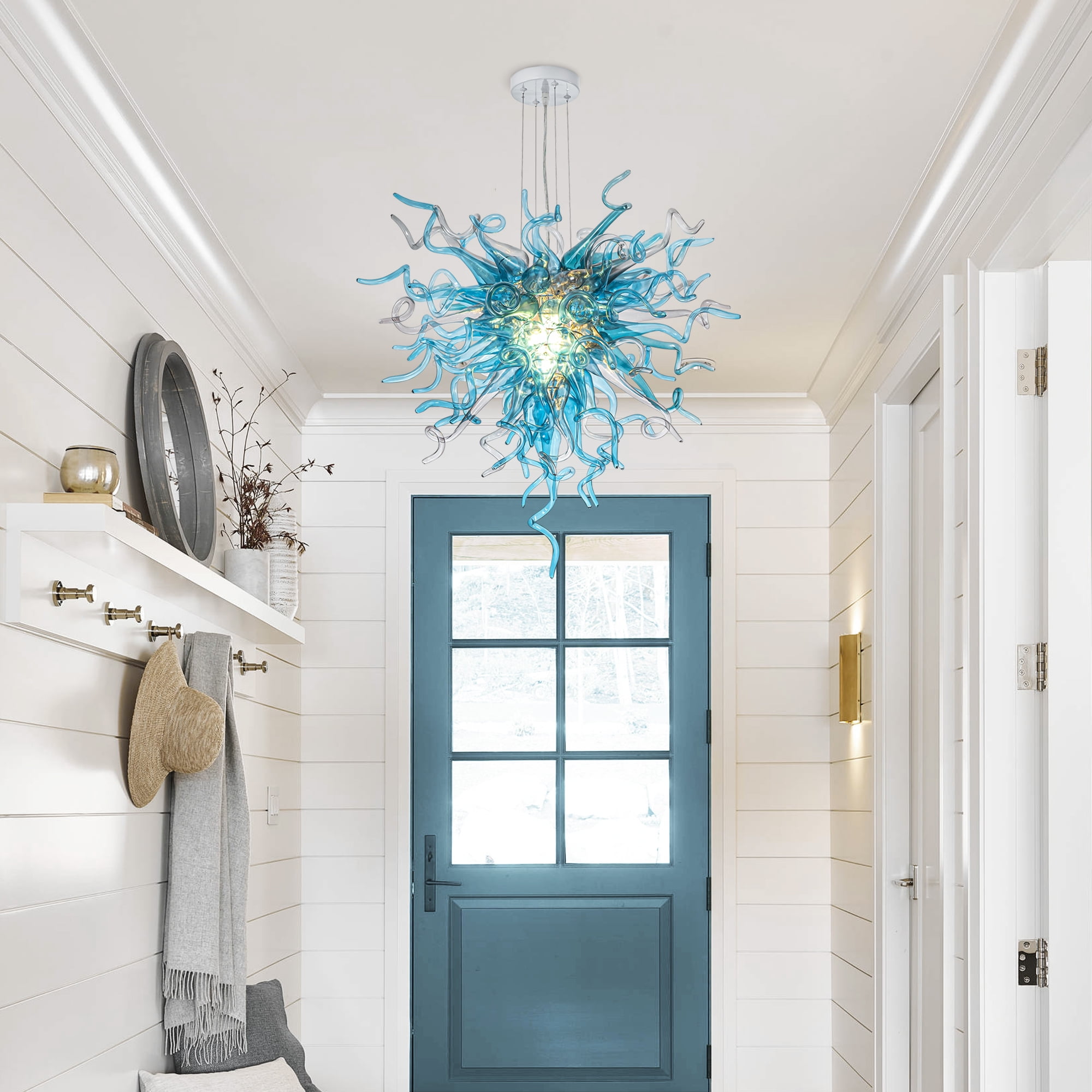 Longree Luxury Hand Blown Glass Chandelier, Blue 6-Light Ceiling Light Fixture