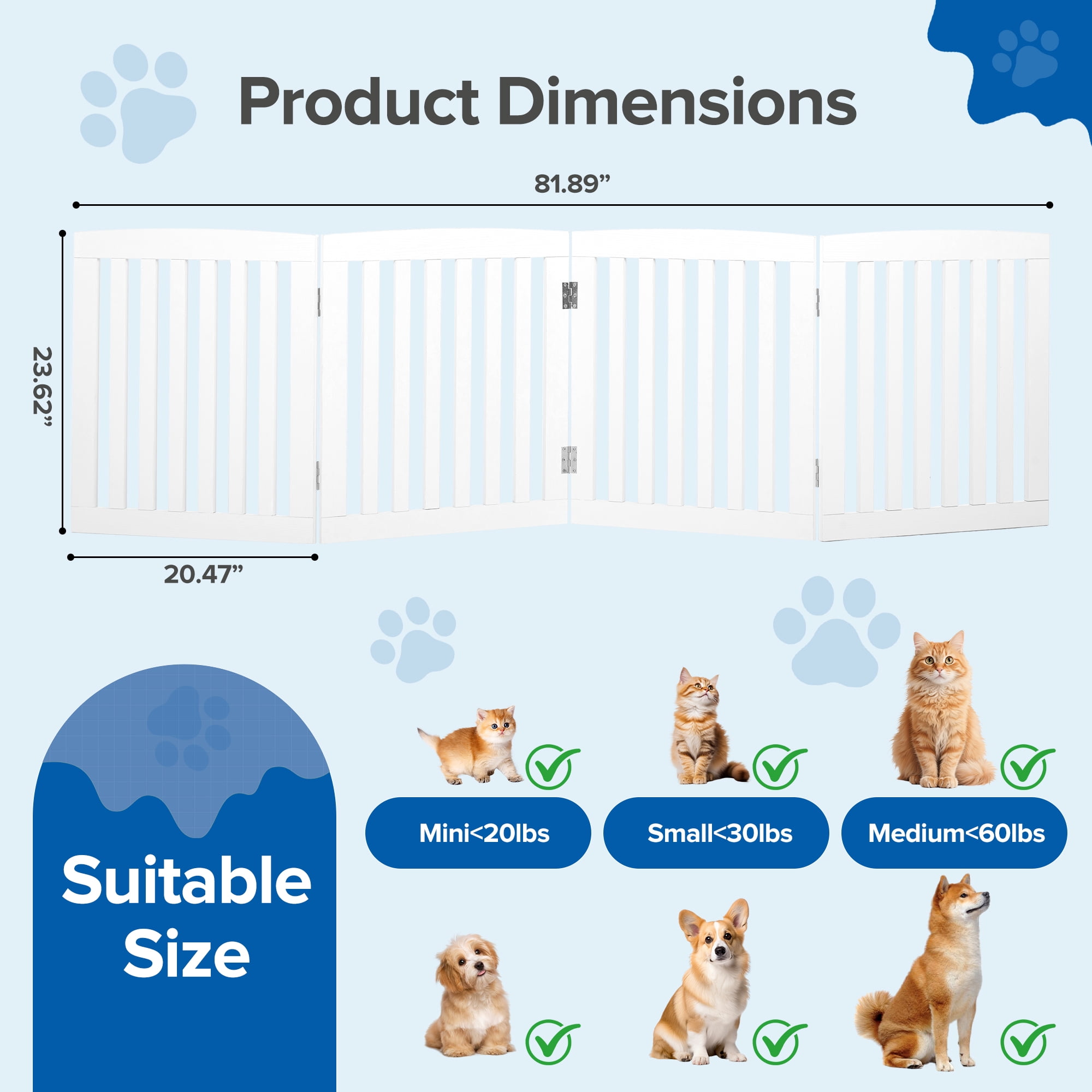 SHOUFTW Foldable Wooden Pet Gate, Freestanding and Extra Wide 4 Panel Dog Gate for Doorways, Stairs, Hallways, White