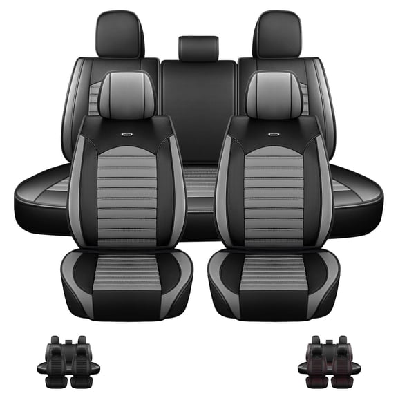 FANOTEK Black Grey, Pu Leather, Waterproof, Front Rear Seat Covers, 5 Pieces