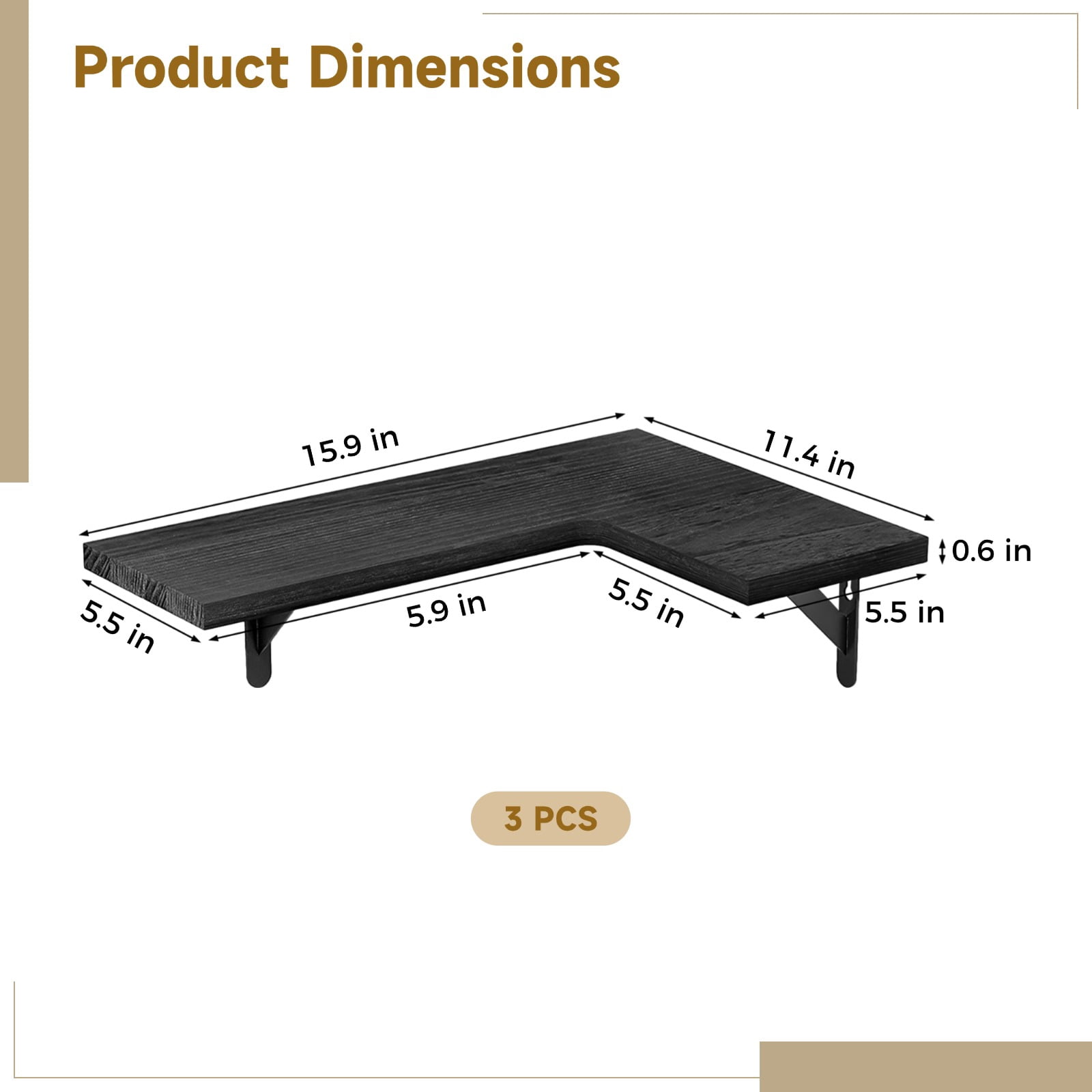 3 Pcs Corner Floating Shelves for Wall, Black L-Shaped Rustic Wood Storage, Space Saving Wall Mounted Display for Living Room Bedroom Kitchen, Paulownia Decor Set