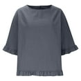 thumbnail image 5 of hotojiny 3/4 Length Sleeve Tops for Women Cotton Linen Trendy Ruffle Hem Shirts Lounge Loose Crewneck Blouse, 5 of 6