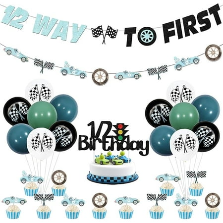 Vintage Race Car Themed Half Birthday Party decor 1/2 Way to First Banner Retro Race Car Garland Half Birthday Cake Cupcake Toppers Latex Balloon for Retro Let's Go Racing 6 Months Birthday Party