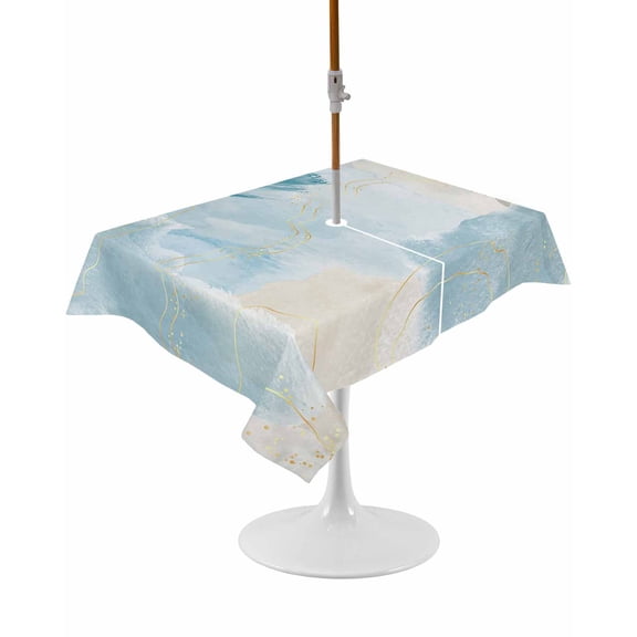 Outdoor Table Cloth with Umbrella Hole and Zipper, Teal Ombre Marble Waterproof Rectangle Tablecloth 54"x80", Yellow Modern Geometric Abstract Art Washable Table Cover for Outside Party Patio Picnic