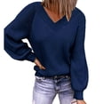 thumbnail image 2 of Suéter de manga larga para mujer, informal, suelto, con cuello en V, mangas de burbujas de color puro, suéter de punto para otoño e invierno, azul marino M, 2 of 6