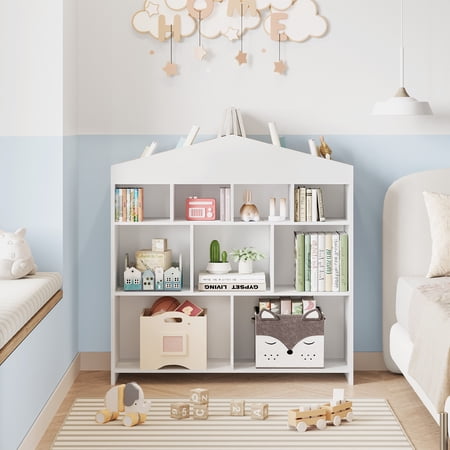 Kids House-Shaped Wooden Bookshelf & Toy Organizer - 4-Tier Educational Method Bookcase with 15 Cubby Cubes - Open Storage Display for Nursery/Bedroom/Playroom/Study Area