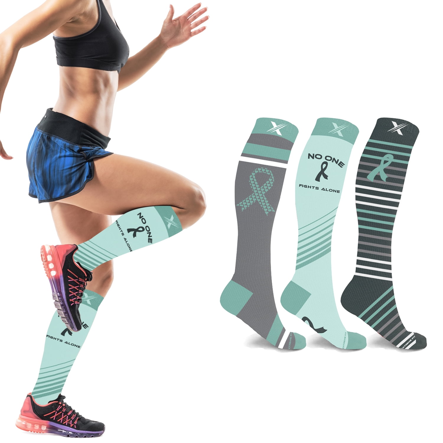 Cancer Awareness Compression Socks - Knee High Socks for Running - 3 Pair