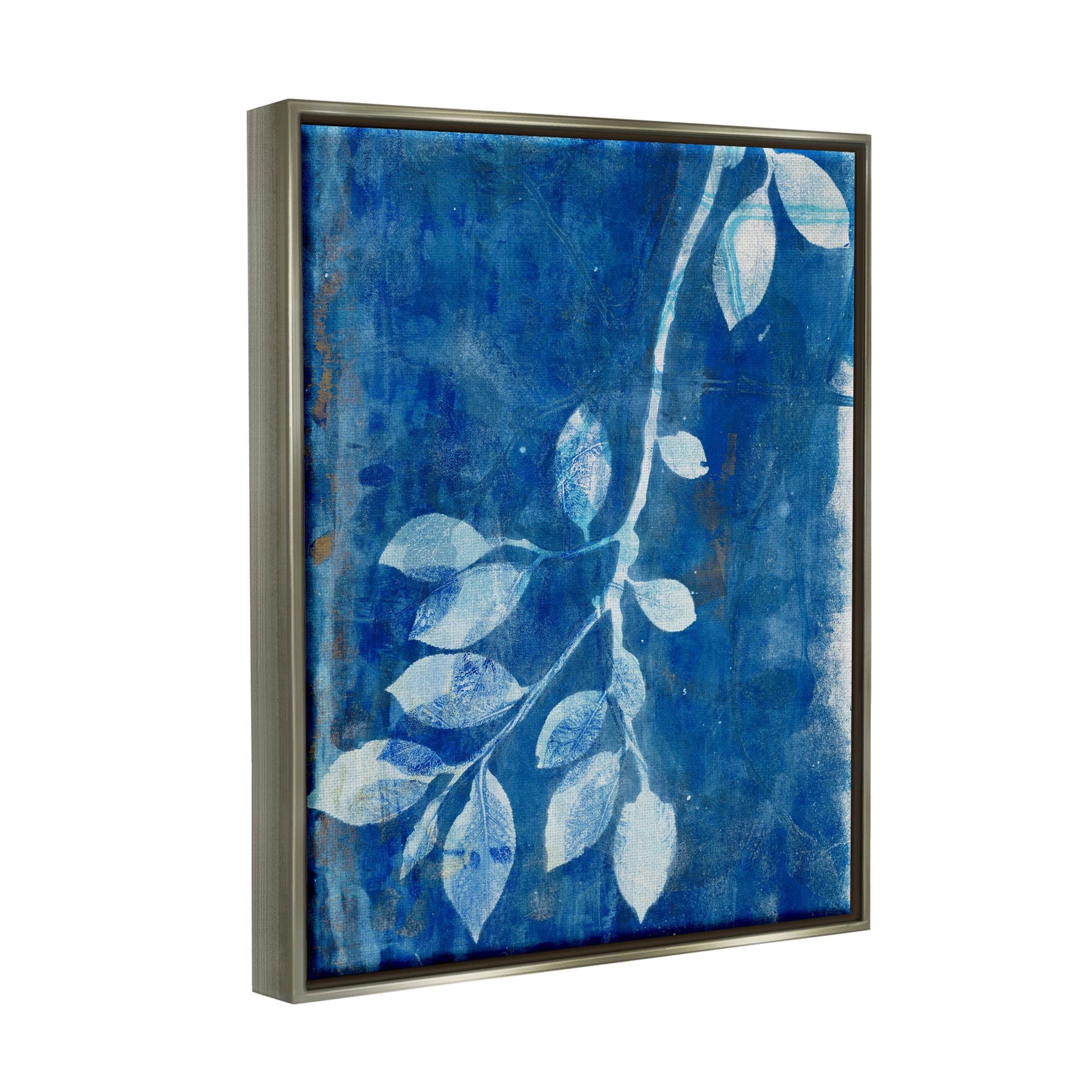 Stupell Industries Blue Botanical Leaves Graphic Art Luster Gray Floating Framed Canvas Print Wall Art, Design by Liz St. Andre