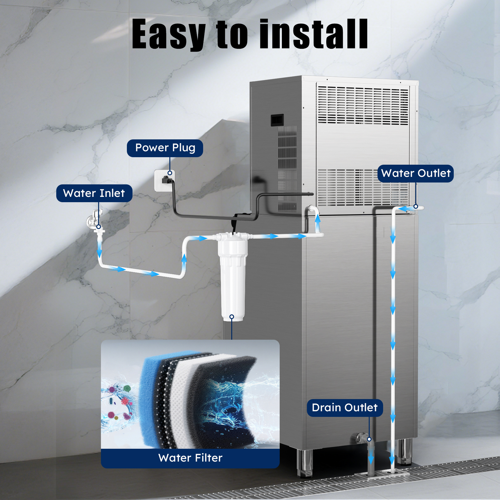 Commercial Ice Maker 380LBS Ice Storage Bin, Durable Stainless Steel and Adjustable Steel Feet