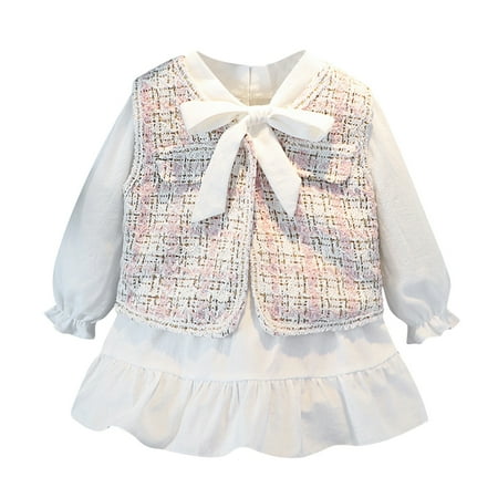 

Toddler Kids Baby Girls Spring and Autumn Long Sleeve Dress Plaid Vest Two-piece Bow Tie Dress Fashion Little Fragrant Style Vest Suit
