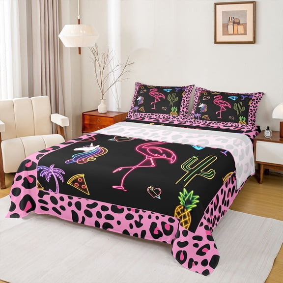 Homewish Cartoon Unicorn Flamingo Twin Sheet Sets,Chic Leopard Print Twin Fitted Sheet,Tropical Botanical Cacrus Flat Sheet For Girls Kids,Microfiber Bedroom Decor,3 Pieces