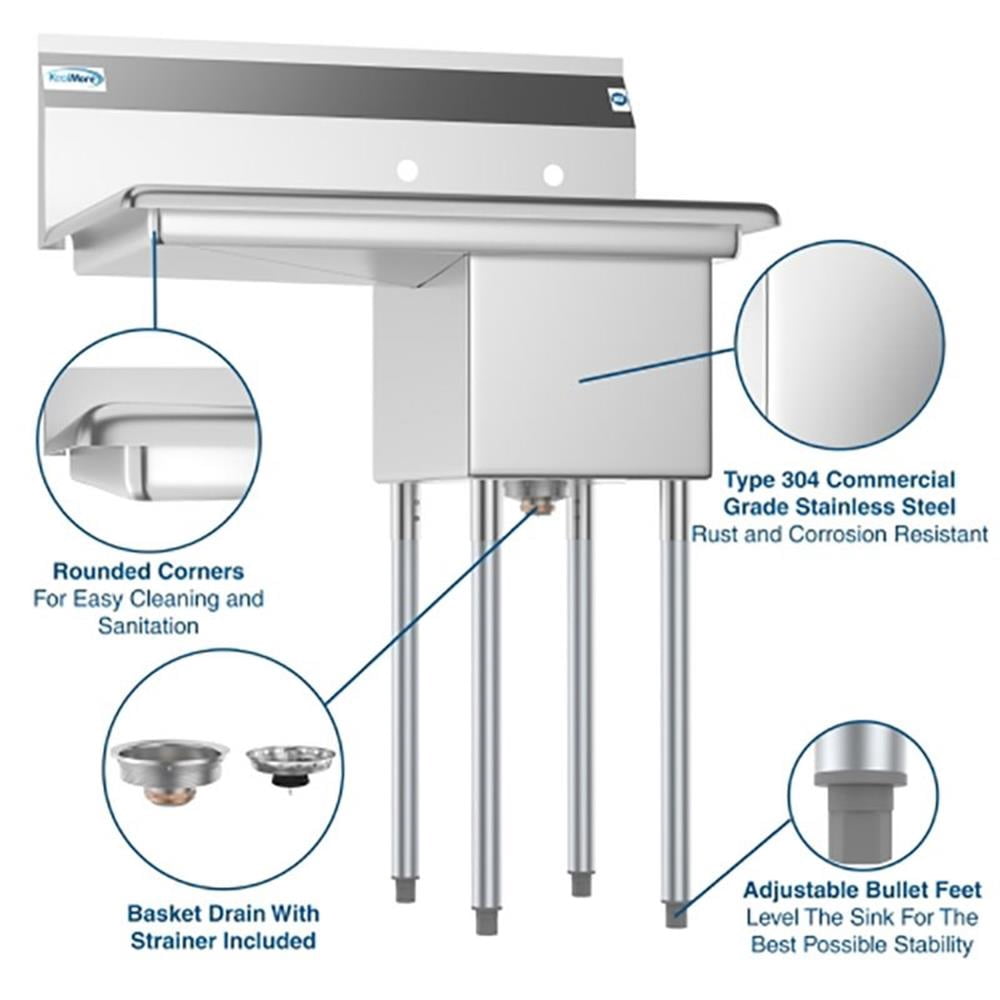 Pemberly Row Silver 12x16x10 Left NSF Stainless Steel Kitchen Prep/Utility Sink