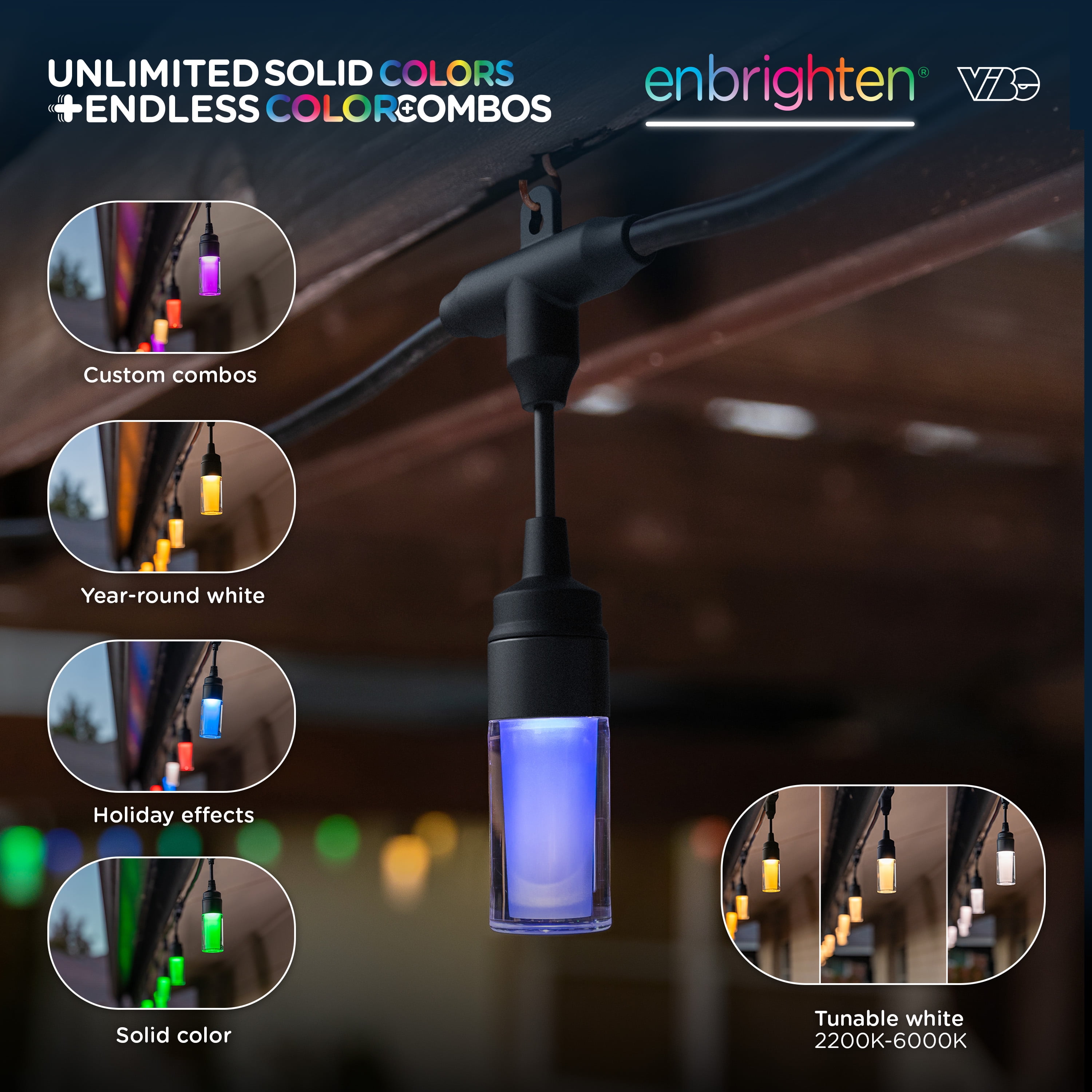 Enbrighten LED Wi-Fi Smart Modern Cafe Lights, Color Changing Outdoor String Lights for Backyard and Patio, 48ft