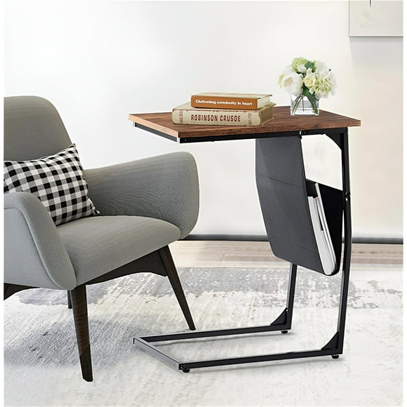 C Shaped Side End Tables, Sofa Couch End Table for Living Room Bedroom with Side Pocket Holder