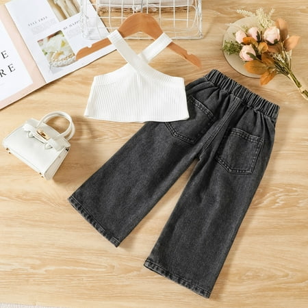 

nsendm Toddler Kids Baby Girls Ribbed Vest T Shirt Tops Denim Jeans Long Pants 2PCS Outfits Knitted Baby Blankets for Girls Childrenscostume White 4-5 Years