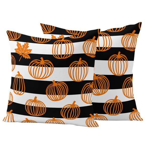 Orange Pumpkins Fall Outdoor Waterproof Pillow Covers, Thanksgiving Black Striped Decorative Square Throw Pillowcase Sofa Cushion Sham for Patio/Couch/Chair, 20"x20" 2 Pack