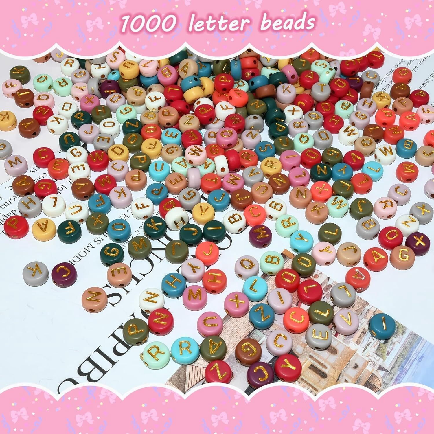 1400 Pieces Round Alphabet Letter Beads A-Z 4x7mm Black Acrylic with Colorful Letter and Crystal Line for Jewelry Making, Style 8