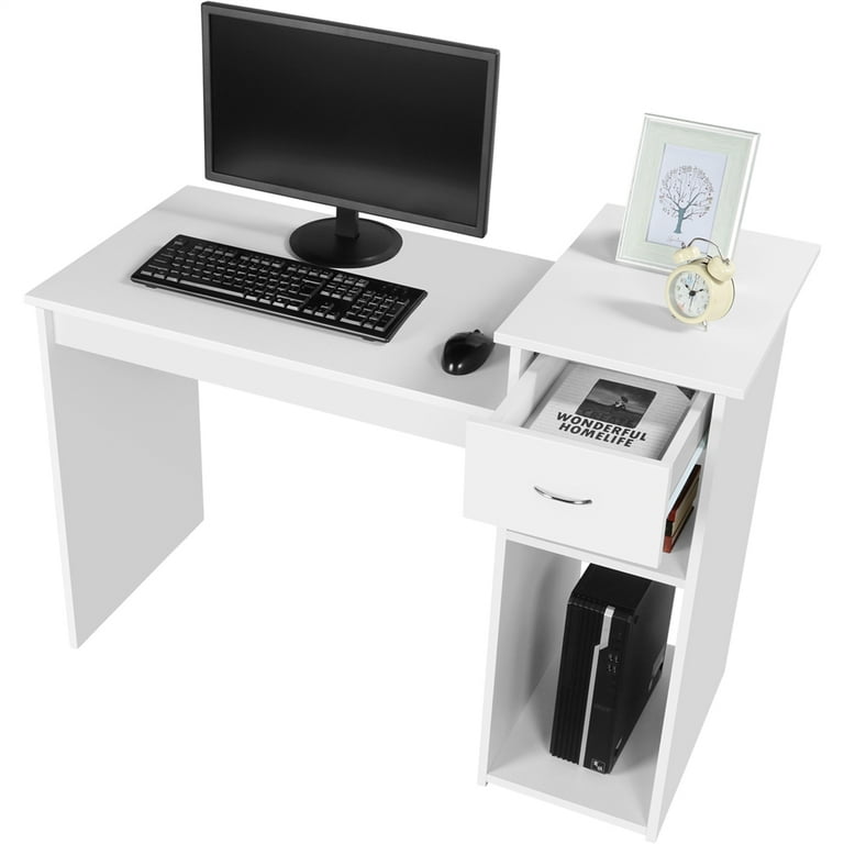 Yaheetech White Student Computer Desk with Drawer and Shelf Home Office Laptop Table Study Workstation Furniture Wood Heavy Duty