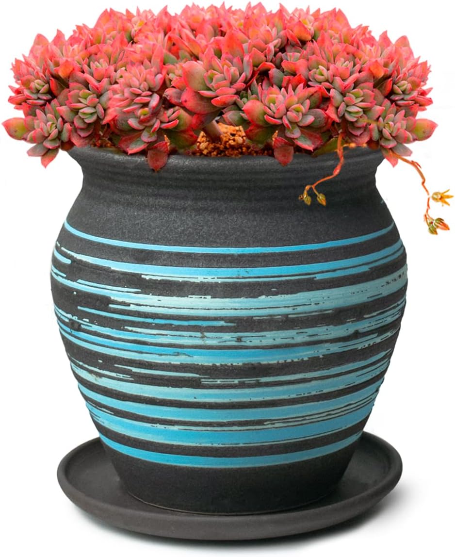 4" Vintage Ceramic Succulent Planter/Bonsai Pot Drainage Hole & Saucer, Blue Lined