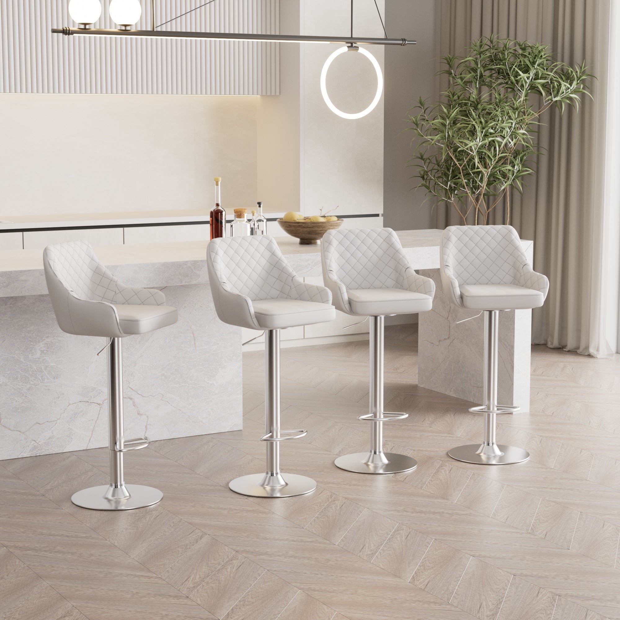 VECELO Set of 4 Bar Stools Adjustable Counter Height Swivel Barstools with Back and Armrest, White