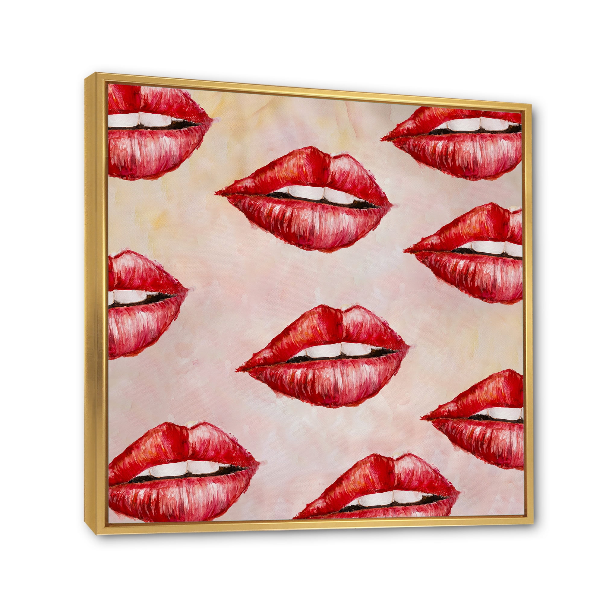 Red Girl Lips Pattern 16 in x 16 in Framed Painting Canvas Art Print, by Designart