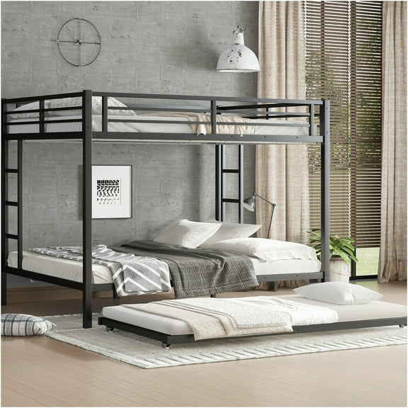 JERFIT Queen over Queen Metal Bunk Bed with Twin Trundle, Black, Heavy Duty Steel Frame for Adults, Space Saving Design