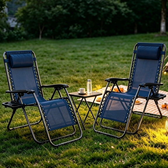 Betcozy Zero Gravity Chairs, Set of 2 Patio Folding Lawn Outdoor Lounge Gravity Camp Reclining Lounge Chair with Cup Holder Pillows for Poolside Backyard and Beach(Blue)