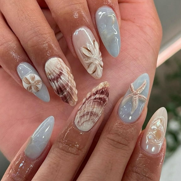 Ocean - themed Wearable False Nails with Starfish and Seashells - 3D Pull - glue Technology