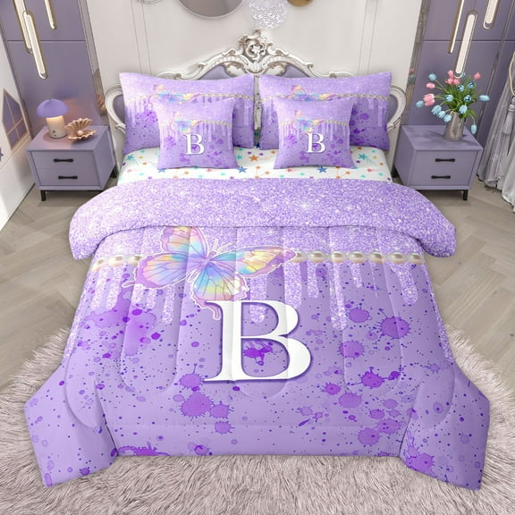Manfei Personalized Initial Letter B Girl 7-Piece Twin Bedding Sets,Gradient Flying Butterfly Bedding Comforter Set,Purple Watercolor Splash Breathable Sheet Sets,Bling Glitter Room Decor