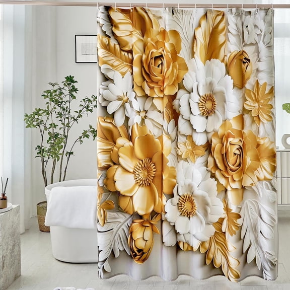 Elegant Floral Shower Curtain 72x72 in, Gold & White Blooms with Soft White Leaves, Waterproof Washable Fabric, Hooks Included