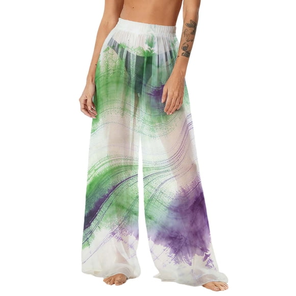 Women's Wide Leg Pants, Bohemian Chiffon Beach Cover Ups, Sun Protection Loose Pants with Printed Pattern for Vacation, Layered Look, Daily Wear