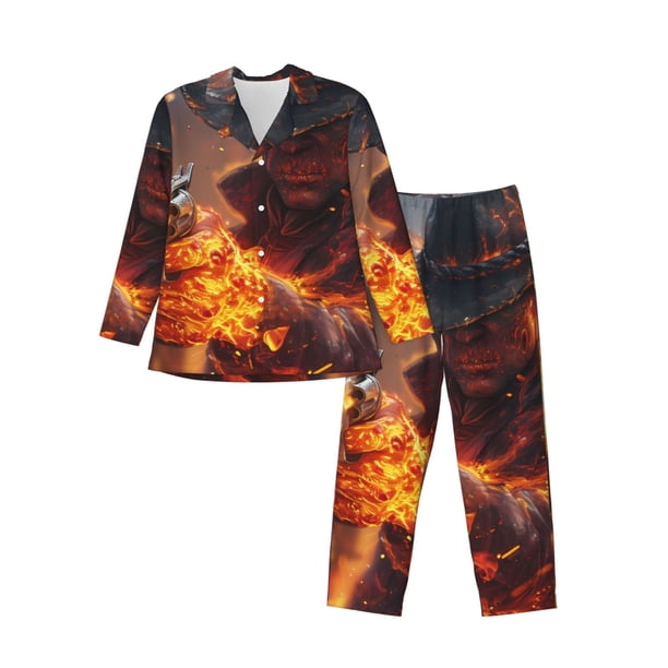 Fotbe Western Fire Cowboy Pijama de Hombre con Estampado de Manga Larga, Conjunto de 2 Piezas, Ropa de Dormir Suave y Cómoda con Bolsillos-XX-Large