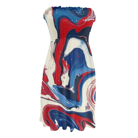 CHCNHAC Independence Day Beach Dresses for Women American Flag Print Dresses Patriotic Flattering Flowy Swing Strapless Cocktail Gowns Red M