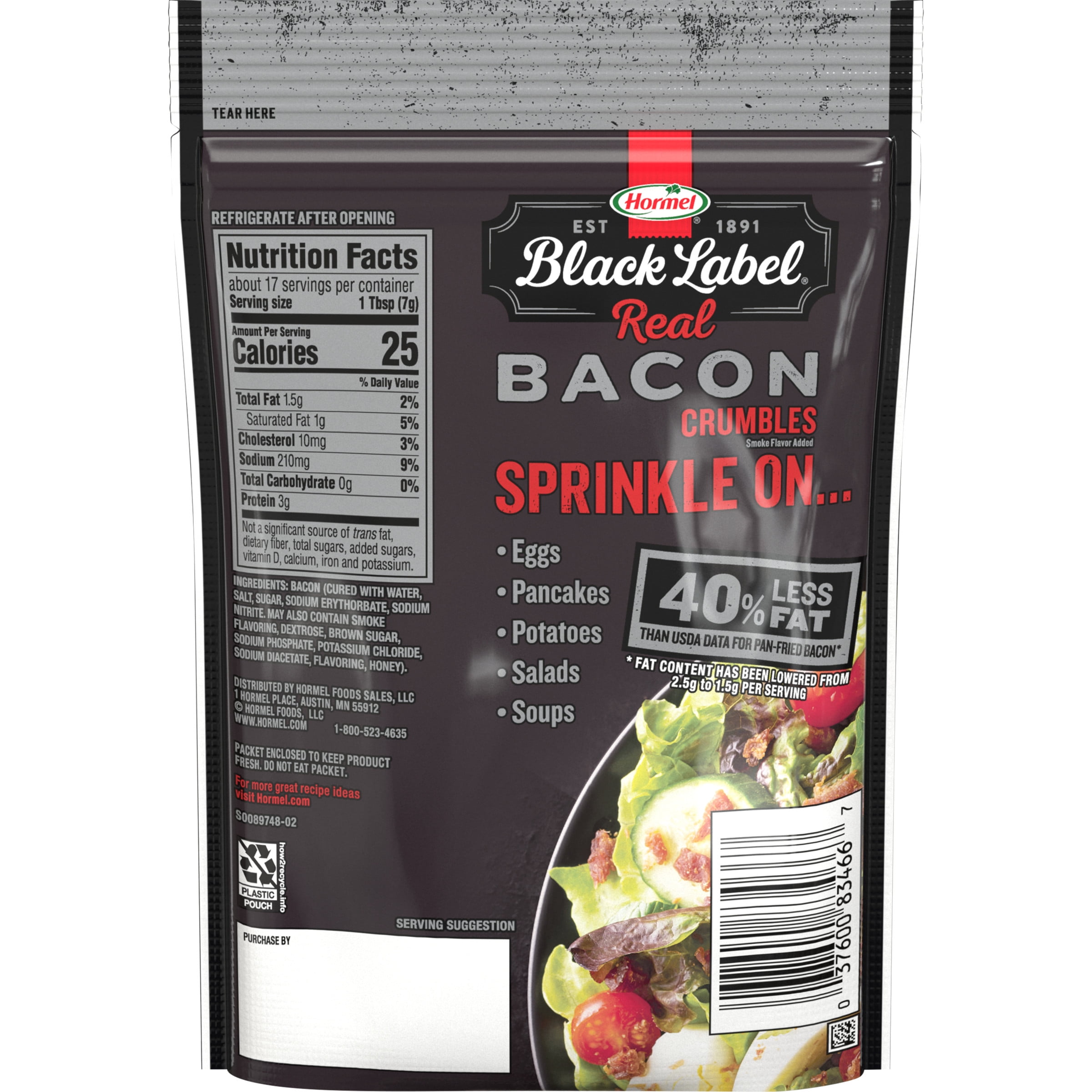 HORMEL BLACK LABEL Real Pork Bacon Crumbles Topping, 25 Calories per Serving, 4.3 oz Plastic Pouch