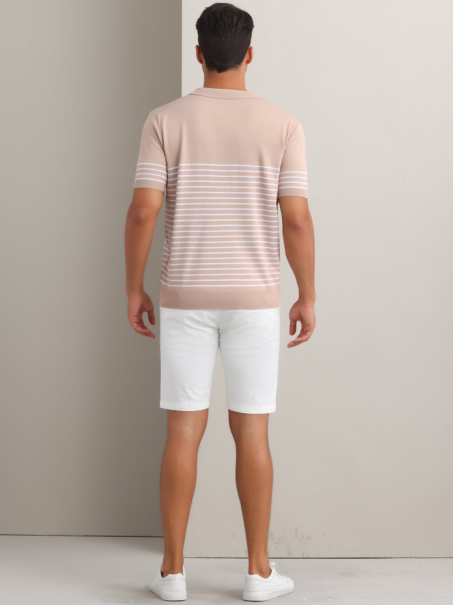 DARING DIVA Men's Knit Polo Short Sleeve Striped Golf Casual Collared T Shirt S Pink