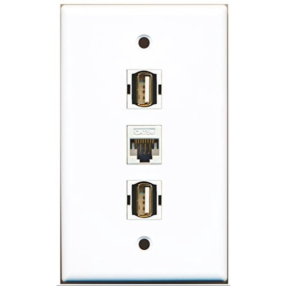 RiteAV - 2 Port USB A-A 1 Cat5e Ethernet White Wall Plate