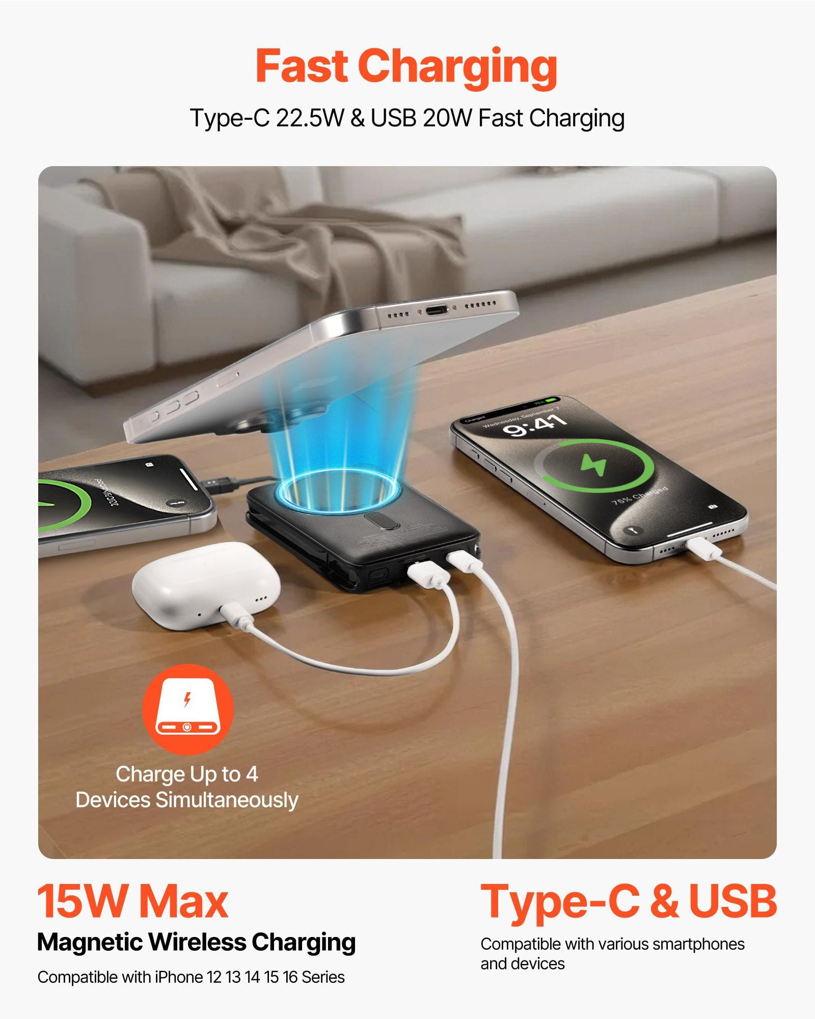 Magnetic Power Bank 10000mAh Wireless MagSafe Compatible Portable Charger with Smart LED Display Foldable Stand Fast Charging for iPhone 16 15 14 13 12 Series Samsung Huawei