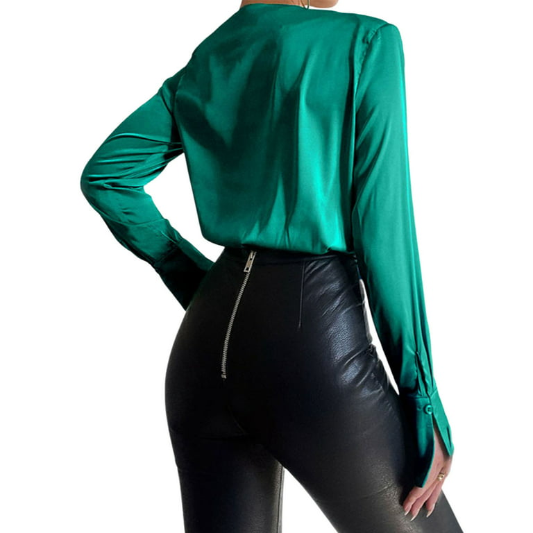 Women's Surplice Green Satin Bodysuit - Quarter Sleeve Satin Bodysuit –  Moda Xpress