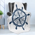 thumbnail image 4 of Vintage Nautical Tattoo Soft Flannel Fleece Throw Blanket, Steering Wheel Compass Pattern on Plain Background, Cozy Plush for Indoor and Outdoor Use, 50" x 70", Dark Sky Blue and White, by Ambesonne, 4 of 5
