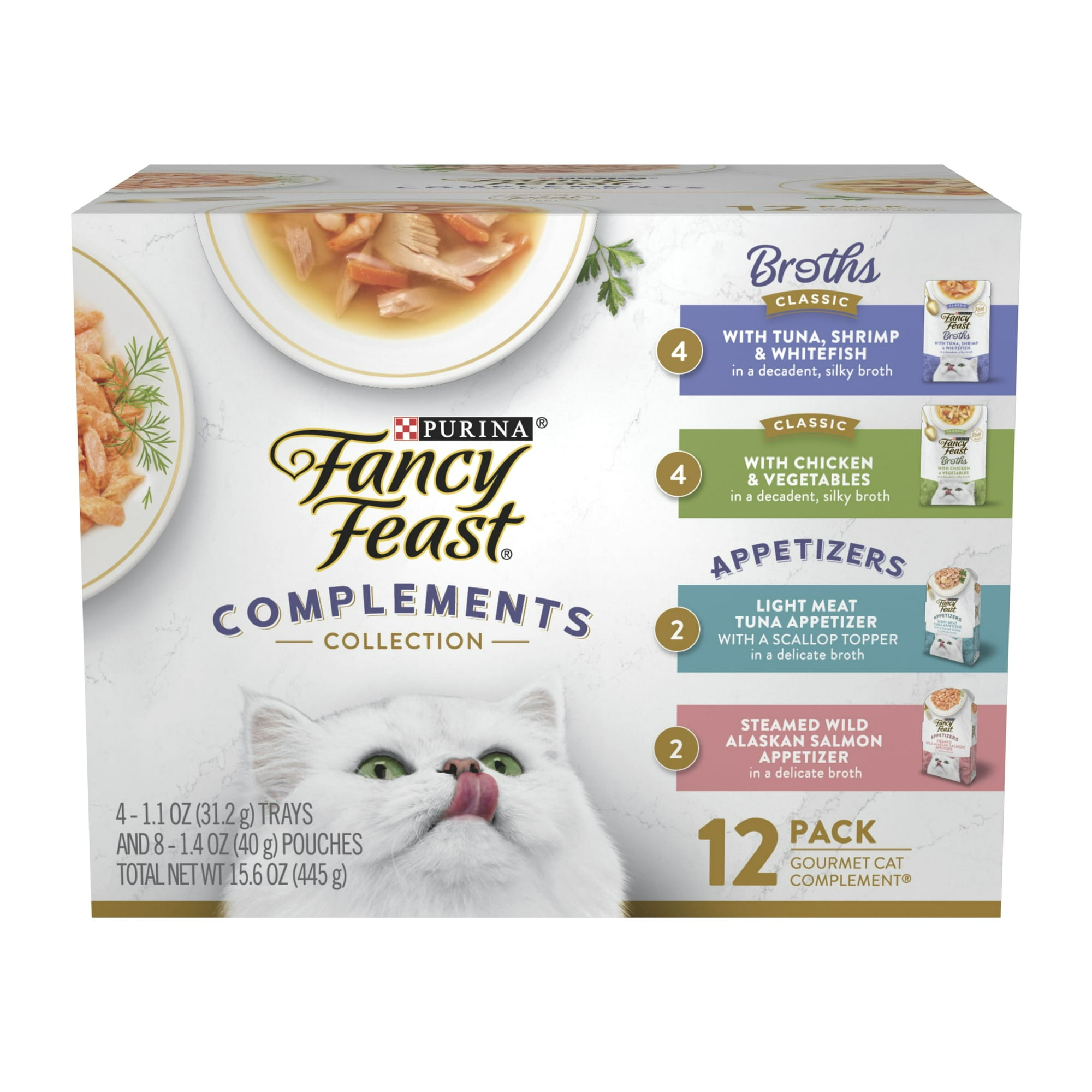 Purina Fancy Feast Complements Collection Broth & Appetizer for Cats Variety Pack, 1.1 oz Trays (12 Pack)