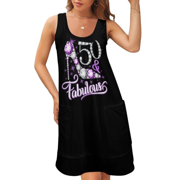 50th Birthday T-shirt. 50 & Fabulous t-shirt for ladies. Sleeveless U-Neck Fake Two Piece Dress dress for women
