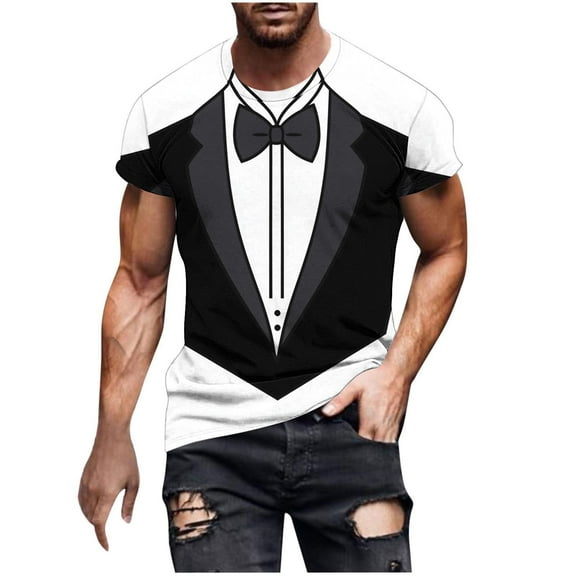 CaComMARK PI Short Sleeves Shirts for Men Tuxedo Printed Oversized Casual Round Neck Top Pullover Fitness SportsT Shirt Blouse White 6(L)
