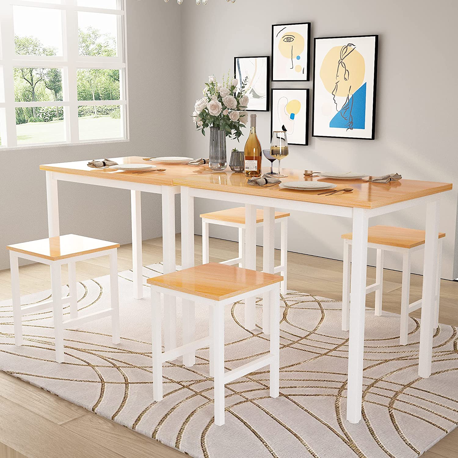 LinkRomat 3 Piece Dining Room Table Set for 2, 47" Farmhouse Dining Table with Benches, Rectangular Kitchen Sets for Small Space, Apartment, Restaurant, White & Walnut