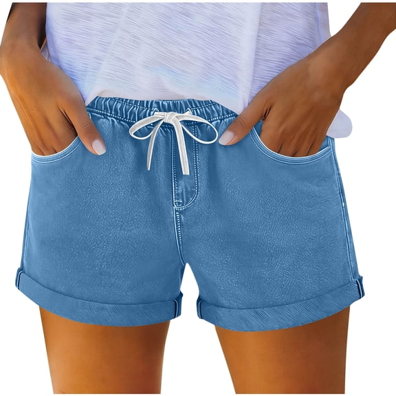 BUIGTTKLOP Womens Denim Shorts Drawstring High Waisted Jeans Shorts Folded Hem Wide Leg Summer Shorts