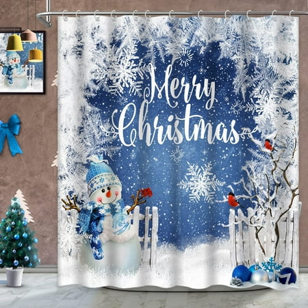 Newhomestyle Christmas Snowman Shower Curtain, Xmas Cartoon Tree Snowy Scenery Silver Holiday Shower Curtain with Hooks Decor 72"x72"