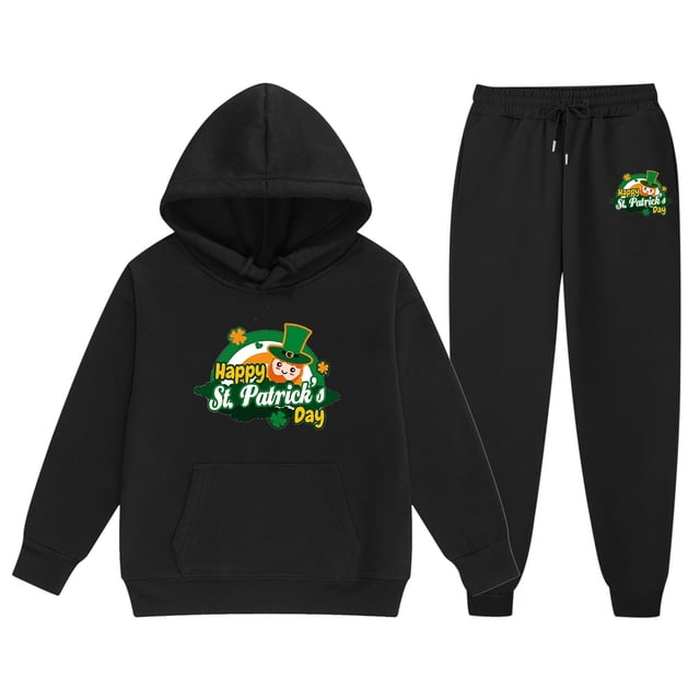 TechWave St. Patrick's Day Children's Middle And Large Children's Long Sleeved Letter Print Hooded Top Sweater Pants Set Checke Top And Bottom Giraffe Items for Girls 6 Month Birthday Outfit Girl Baby
