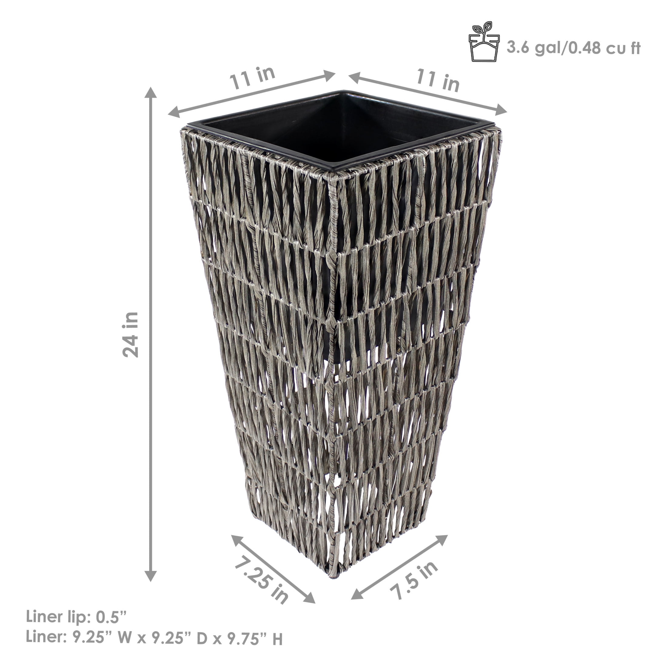 Sunnydaze Hyacinth 11" x 11" x 24" Square Fog Poly-Wicker Planter with Liner