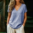 thumbnail image 2 of Achuyrbd Women's Gingham V-Neck T-Shirt, Casual Loose Short Sleeve Plaid Blouse, S-2XL ,Navy, 2 of 8
